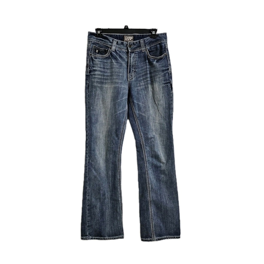 Cowboy Up Jeans Mens 33x36 Blue Bootcut Heavy Stitch Distressed Western Denim